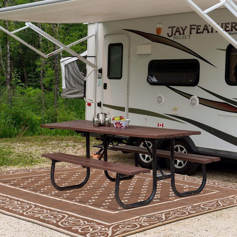 SAND MINE Reversible Mats, Plastic Straw Rug, Modern Area Rug, Large Floor Mat and Rug for Outdoors, RV, Patio, Backyard, Deck, Picnic, Beach, Trailer, Camping (9' x 12', Brown & White) - Image 4